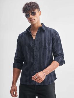 HIGHLANDER - Men Navy Blue Stripes Slim Fit Collar Neck Casual Shirt