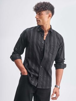 HIGHLANDER - Men Black Stripes Slim Fit Collar Neck Casual Shirt