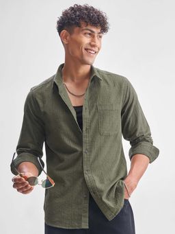 HIGHLANDER - Men Olive Stripes Slim Fit Collar Neck Casual Shirt