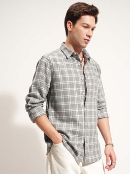 HIGHLANDER - Men Grey Checks Slim Fit Collar Neck Casual Shirt