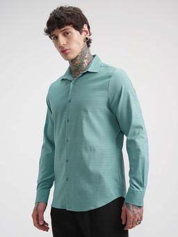 HIGHLANDER - Men Green Stripes Slim Fit Collar Neck Casual Shirt