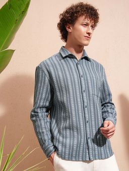 HIGHLANDER - Men Blue Stripes Relaxed Fit Collar Neck Casual Shirt