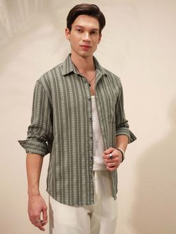 HIGHLANDER - Men Green Stripes Relaxed Fit Collar Neck Casual Shirt