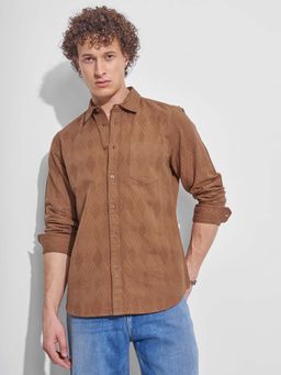 HIGHLANDER - Men Brown Textured Slim Fit Collar Neck Casual Shirt