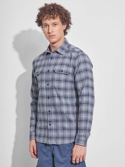 HIGHLANDER - Men Blue Checks Slim Fit Collar Neck Casual Shirt
