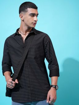HIGHLANDER - Men Black Stripes Slim Fit Collar Neck Casual Shirt