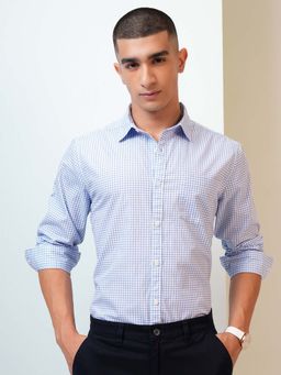 HIGHLANDER - Men Blue Checks Slim Fit Collar Neck Casual Shirt