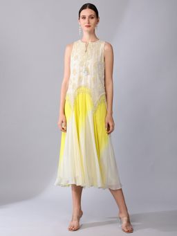KEITH GOMES - Yellow Motif Embroidered Panel Ombre Dress (Set of 2)
