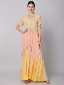 KEITH GOMES - Pink Flower Motifs Embroidered Ombre Tunic & Sharara (Set of 2)