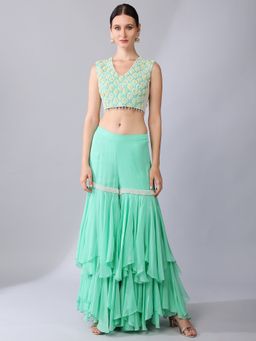 KEITH GOMES - Green Flower Motifs Crop Top Sharara & Cape (Set of 3)