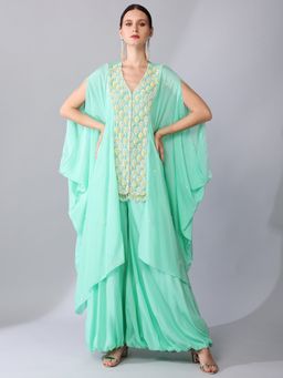 KEITH GOMES - Green Flower Motifs Panel Tunic & Palazzo (Set of 2)