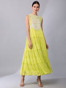 KEITH GOMES - Neon Green Chiffon Crepe Tier Dress