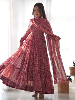 JATRIQQ - Maroon Anarkali with Pant and Dupatta (Set of 3)