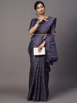 Akhilam - Women Bhagalpuri Silk Navy Blue Printed Designer Saree with Unstitched Blouse Piece