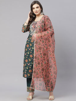 Divena - Green Floral Printed Kurta Pant Set With Dupatta