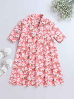 The Magic Wand - Girls Peach Cotton Printed Dress