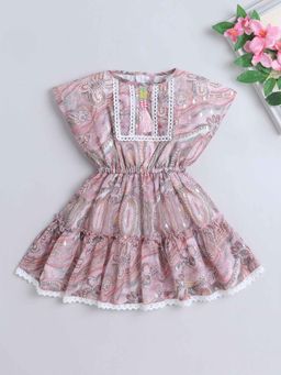 The Magic Wand - Girls Peach Polyester Floral Dress