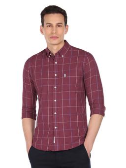 U.S. POLO ASSN. - Men Maroon Premium Cotton Checked Casual Shirt