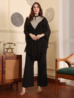 ADORNIA - Women Black Georgette Mandarin Neck Embellished Kaftan Top with Pant (Set of 2)