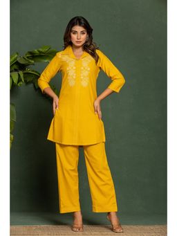 Autumnlane - Women Yellow Cotton Collar Neck Embroidered Co-Ord (Set of 2)