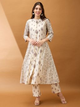 Globus - Women Beige Polyviscose Mandarin Neck Printed Kurta with Pant (Set of 2)