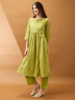 Globus - Women Green Cotton Lurex Keyhole Neck Woven Kurta with Pant (Set of 2)