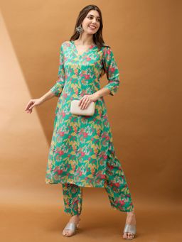 Globus - Women Green Polyester V-Neck Floral Kurta with Pant (Set of 2)