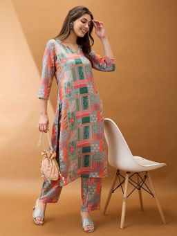Globus - Women Multi-Color Polyester V-Neck Printed Kurta with Pant (Set of 2)