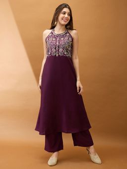 Globus - Women Purple Silk Halter Neck Embroidered Kurta with Pant (Set of 2)