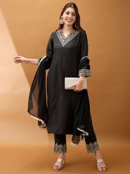 Globus - Women Black Polyester V-Neck Embroidered Kurta with Pant and Dupatta (Set of 3)