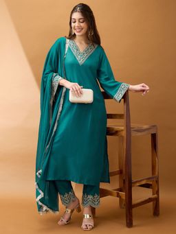 Globus - Women Teal Polyester V-Neck Embroidered Kurta with Pant and Dupatta (Set of 3)