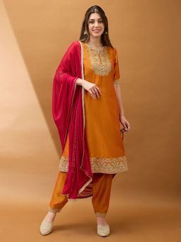 Globus - Women Yellow Polyester Round Neck Embroidered Kurta with Salwar and Dupatta (Set of 3)