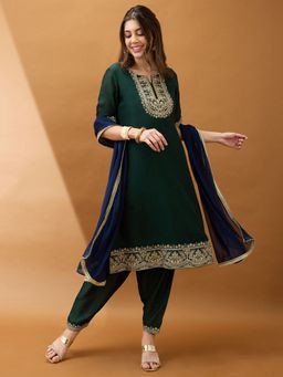 Globus - Women Green Polyester Round Neck Embroidered Kurta with Salwar and Dupatta (Set of 3)