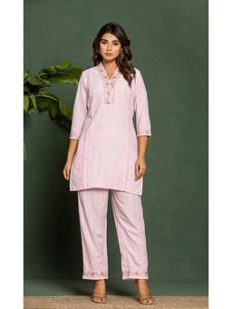 Autumnlane - Women Pink Cotton V-Neck Stripes Co-Ord (Set of 2)