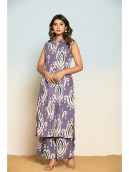 Autumnlane - Women Purple Cotton Collar Neck Printed Kurta with Palazzo (Set of 2)