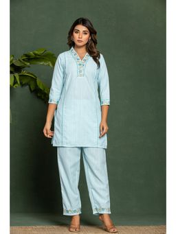 Autumnlane - Women Blue Cotton V-Neck Stripes Co-Ord (Set of 2)