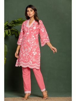 Autumnlane - Women Pink Cotton V-Neck Embroidered Kurta with Pant (Set of 2)
