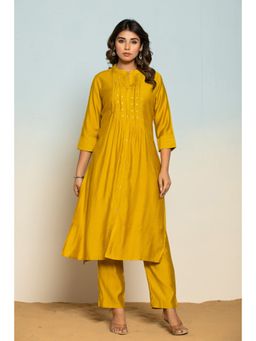Autumnlane - Women Mustard Cotton Mandarin Neck Solid Kurta with Pant (Set of 2)