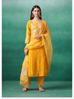 Autumnlane - Women Yellow Round Neck Embroidered Kurta with Pant and Dupatta (Set of 3)