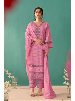 Autumnlane - Women Pink Cotton V-Neck Embroidered Kurta with Pant and Dupatta (Set of 3)