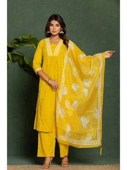Autumnlane - Women Yellow Cotton V-Neck Embroidered Kurta with Pant and Dupatta (Set of 3)