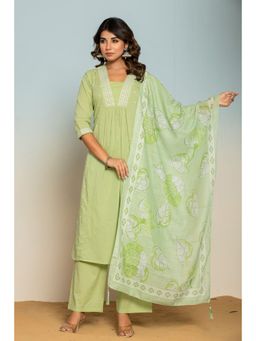Autumnlane - Women Green Cotton V-Neck Embroidered Kurta with Pant and Dupatta (Set of 3)