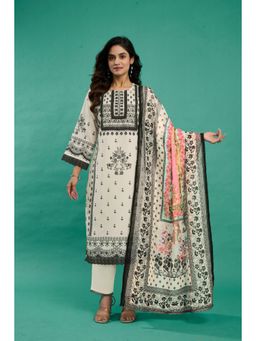 Autumnlane - Women White Cotton Blend Round Neck Printed Kurta with Pant and Dupatta (Set of 3)