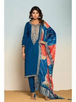 Autumnlane - Women Blue Round Neck Embroidered Kurta with Pant and Dupatta (Set of 3)