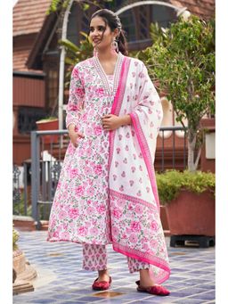 SAK JAIPUR - Women White Cotton V-Neck Floral Kurta with Pant and Dupatta (Set of 3)