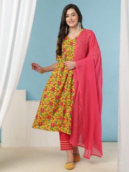 SAK JAIPUR - Women Yellow Cotton V-Neck Floral Anarkali Kurta with Pant and Dupatta (Set of 3)