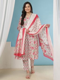 SAK JAIPUR - Women White Cotton V-Neck Floral Anarkali Kurta with Pant and Dupatta (Set of 3)