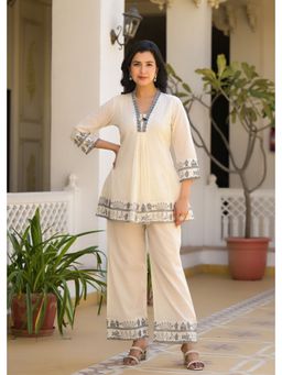 Autumnlane - Women Cream Cotton V-Neck Embroidered Co-Ord (Set of 2)
