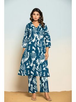 Autumnlane - Women Teal Cotton V-Neck Printed Kurta with Pant (Set of 2)