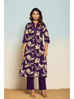 Autumnlane - Women Purple Cotton Mandarin Neck Floral Kurta with Pant (Set of 2)